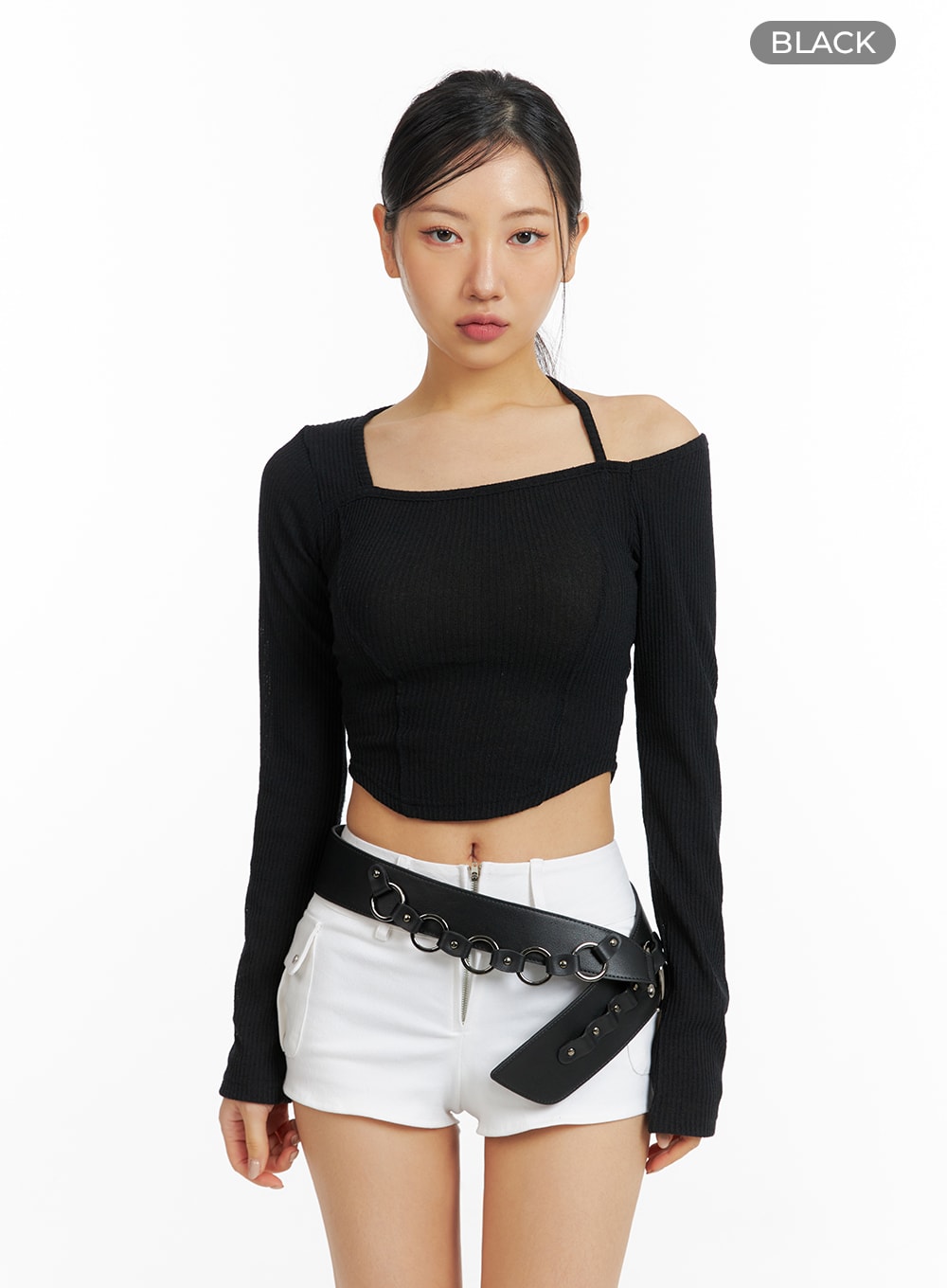 solid-knit-asymmetrical-long-sleeve-top-cf416 / Black