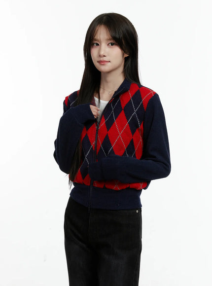 argyle-pattern-knit-zip-up-sweater-cd523 / Dark blue