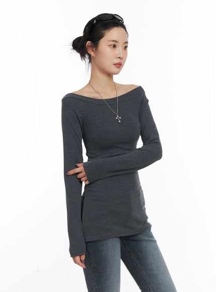 Off-Shoulder Slit Long Sleeve Top CD509
