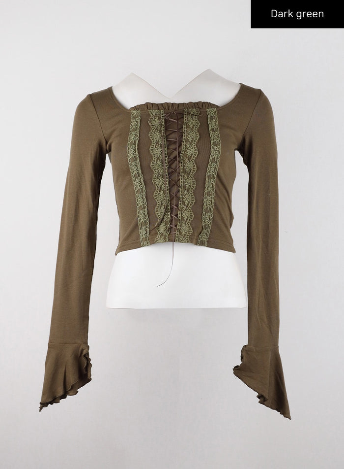 round-neck-solid-lace-corset-long-sleeve-cd322 / Dark green