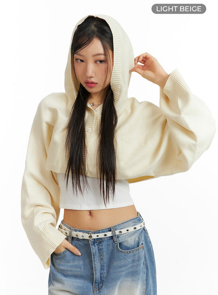 solid-button-hoodie-cardigan-cf426 / Light beige