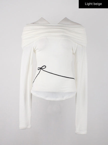 off-shoulder-solid-ruched-long-sleeve-top-with-ribbon-detail-cd329 / Light beige