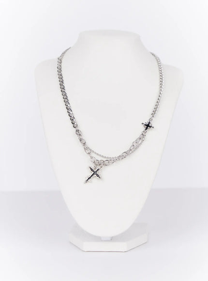 cross-charm-dual-chain-necklace-io527 / Silver
