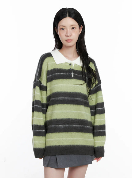 Striped Fuzzy Collared Knit Sweater CS529