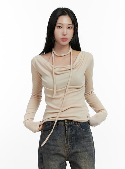 shirred-elegance-long-sleeve-tee-cn411 / Beige