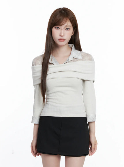plaid-collar-layered-long-sleeve-top-cg529 / Light beige