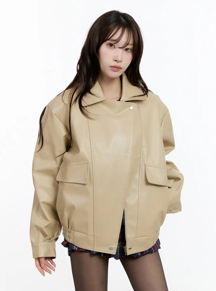 oversized-faux-leather-jacket-cn524 / Beige