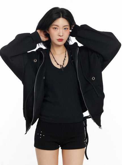fleeced-over-fit-eyelet-zip-up-hoodie-cj522 / Black