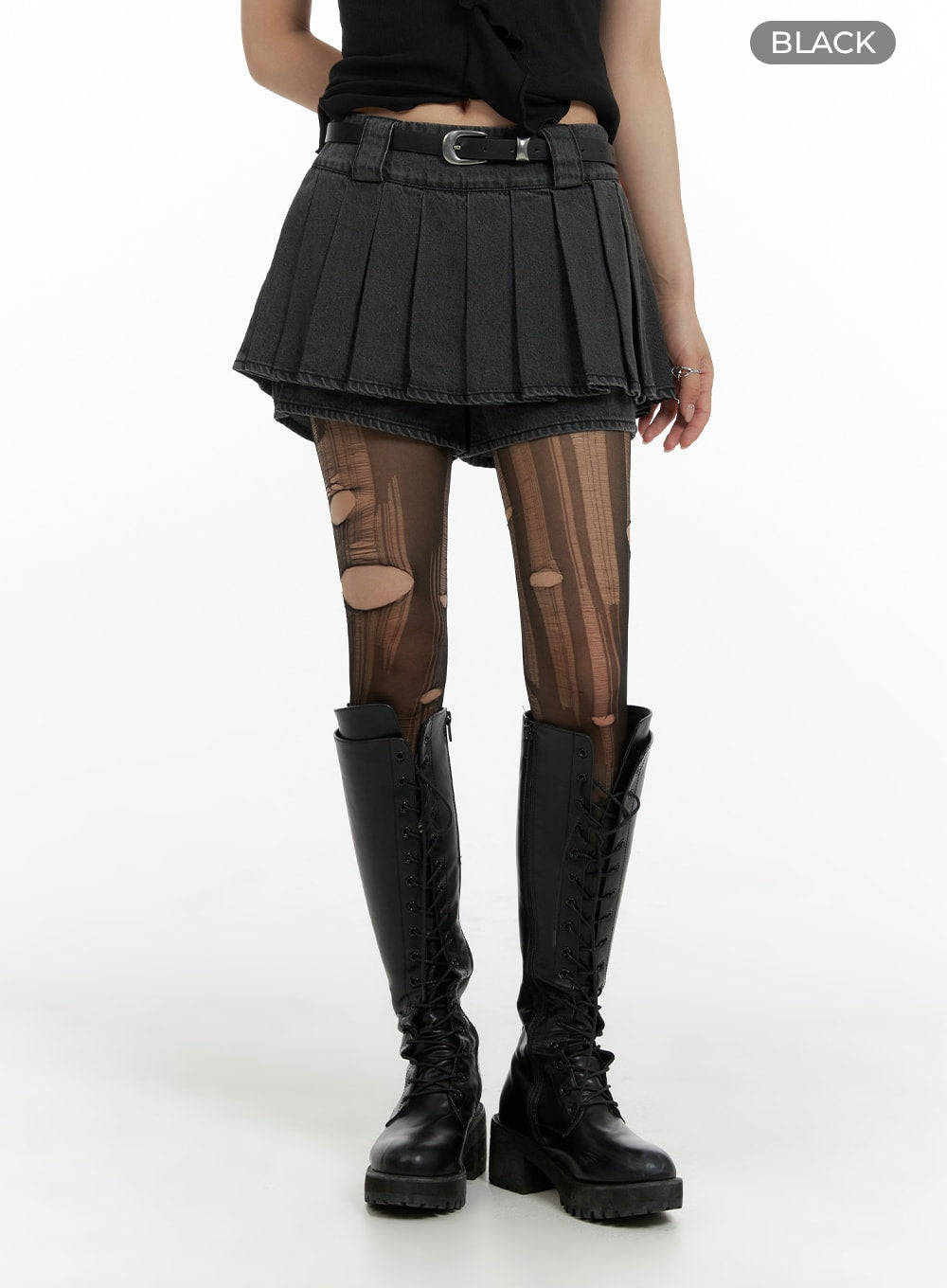 pleated-denim-mini-skort-with-belt-cf429 / Black