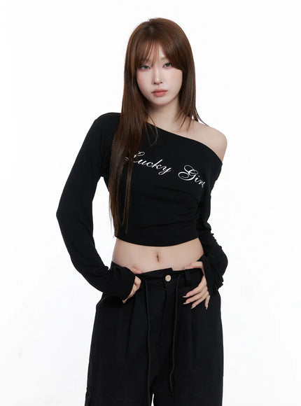 lucky-girl-one-shoulder-long-sleeve-top-cg529 / Black