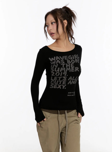 slim-fit-lettering-long-sleeve-top-cn527 / Black