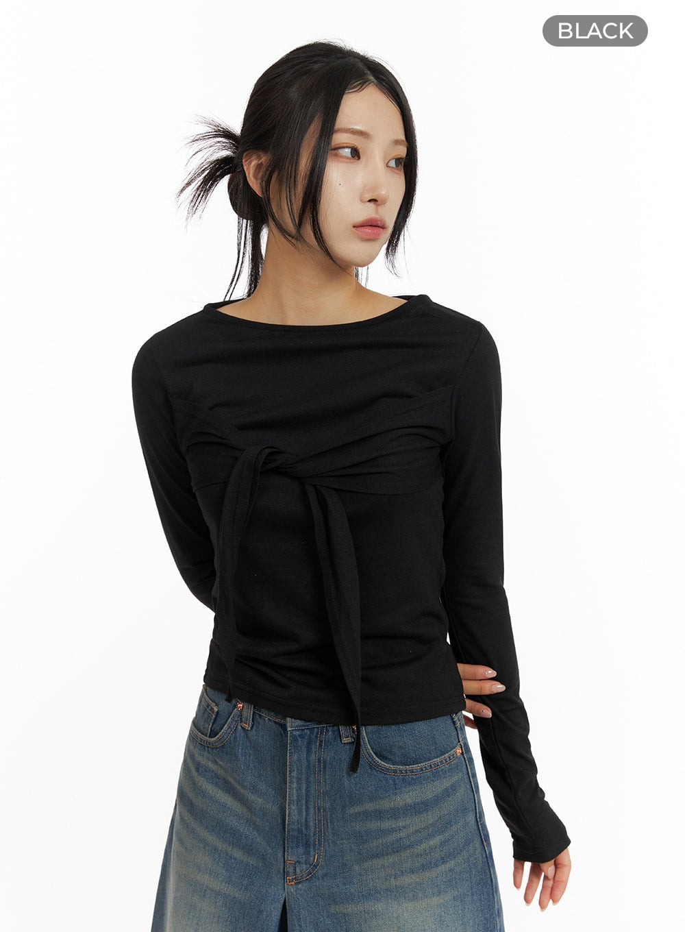 ribbon-slim-fit-long-sleeve-top-cf429 / Black