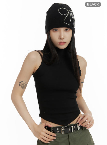 ribbon-beaded-beanie-cf428 / Black