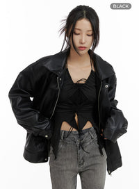 faux-leather-zip-up-jacket-unisex-cf428 / Black
