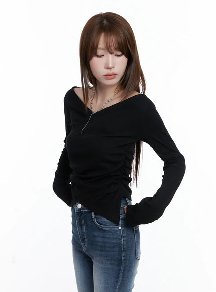 off-shoulder-v-neck-long-sleeve-top-cg529 / Black