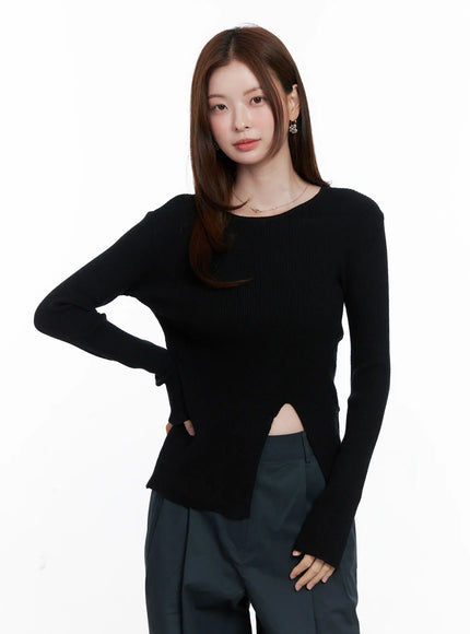 two-way-button-side-slit-knit-top-cg521 / Black