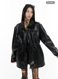 zip-up-faux-leather-midi-coat-cf429 / Black