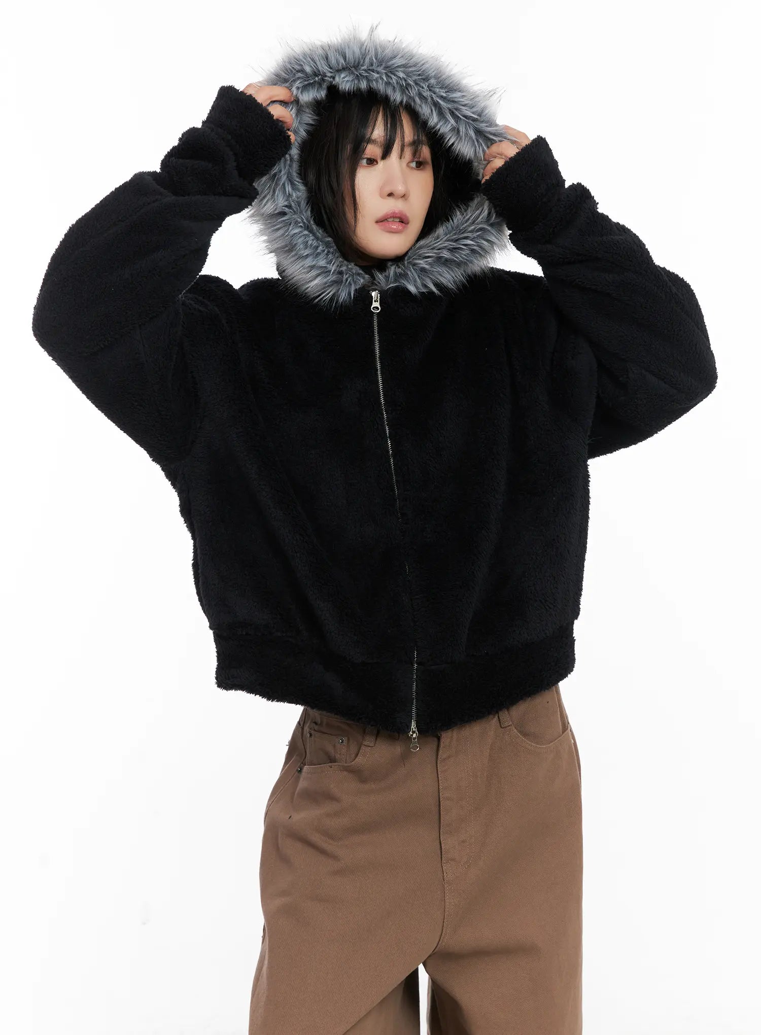 Faux Fur Fleece Zip-Up Hoodie CN527