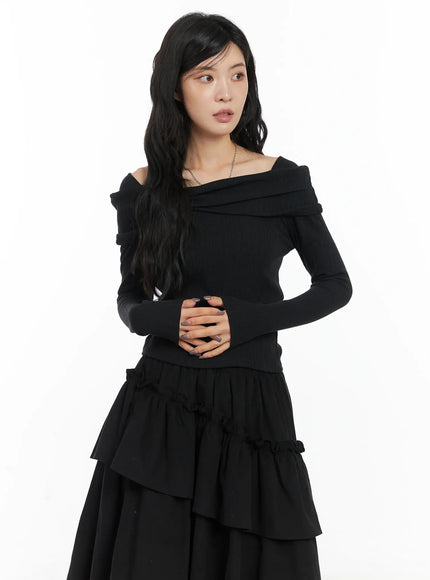 off-shoulder-bow-long-sleeve-top-cd502 / Black