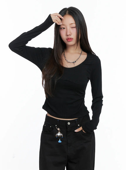 lace-trim-long-sleeve-top-cs502 / Black