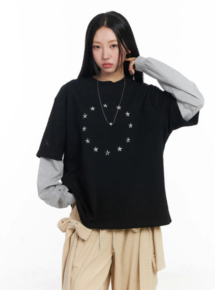 oversized-star-print-layered-long-sleeve-tee-cj514 / Black