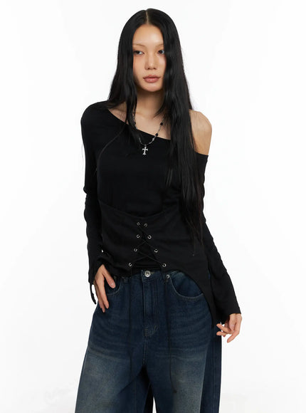 asymmetrical-corset-long-sleeve-tee-co528 / Black