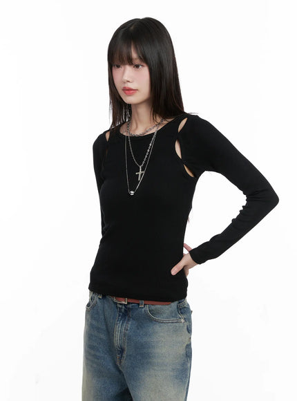 ribbed-cut-out-long-sleeve-top-cg518 / Black