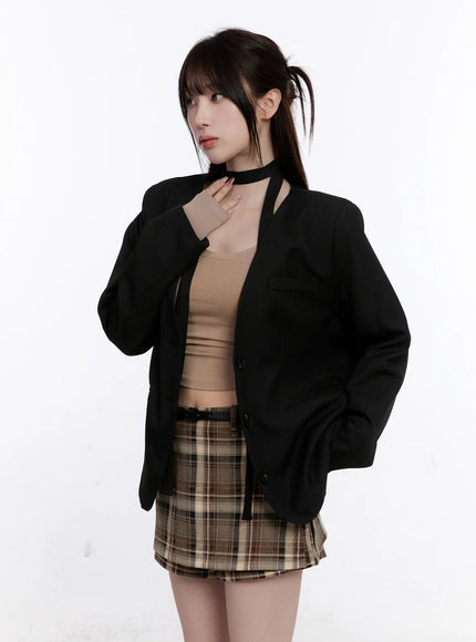 chic-shoulder-pad-tie-blazer-co501 / Black