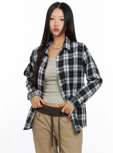 oversized-plaid-long-sleeve-flannel-shirt-co515 / Black