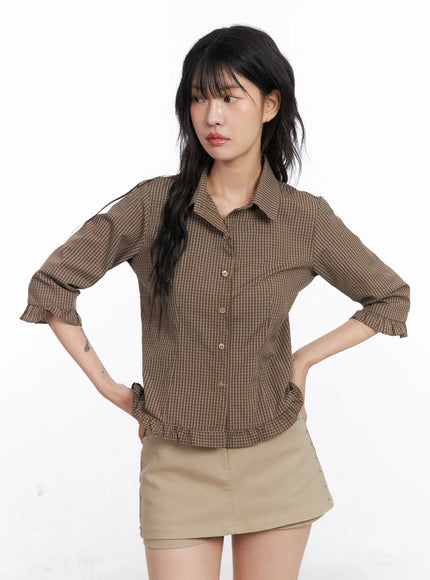 ruffled-gingham-3-4-shirt-co507 / Brown