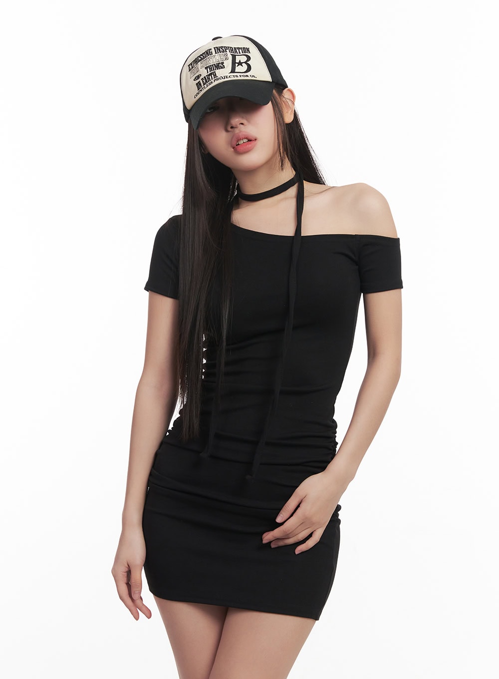 shirred-one-shoulder-mini-dress-with-scarf-cm531