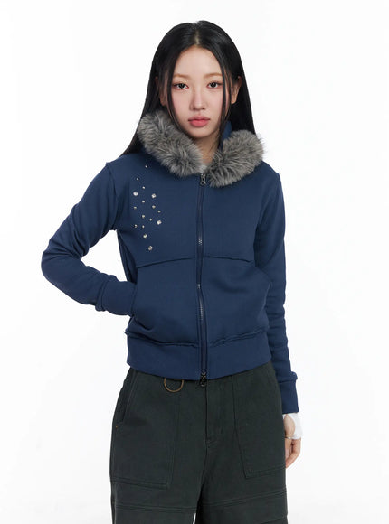 faux-fur-fleece-eyelet-crop-hoodie-cj514 / Dark blue