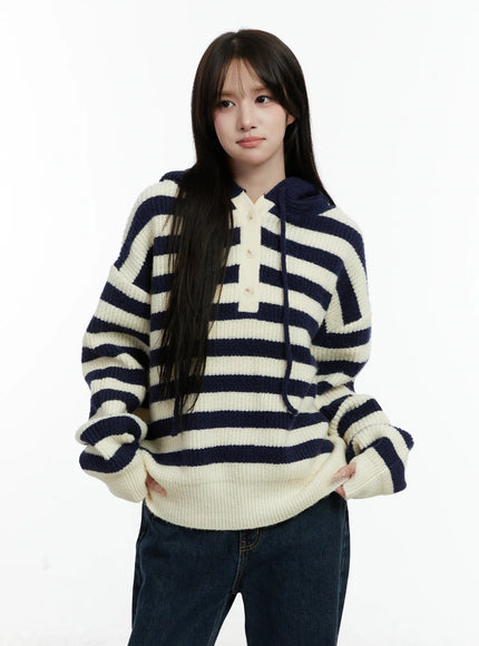 striped-hooded-knit-sweater-cd523 / Dark blue