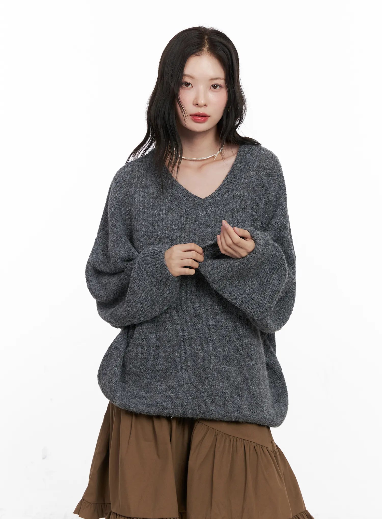 oversized-v-neck-knit-sweater-co530 / Dark gray