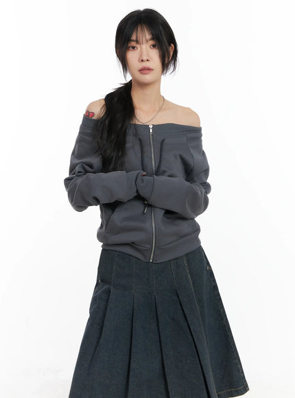 off-shoulder-zip-up-sweatshirt-cn528 / Dark gray