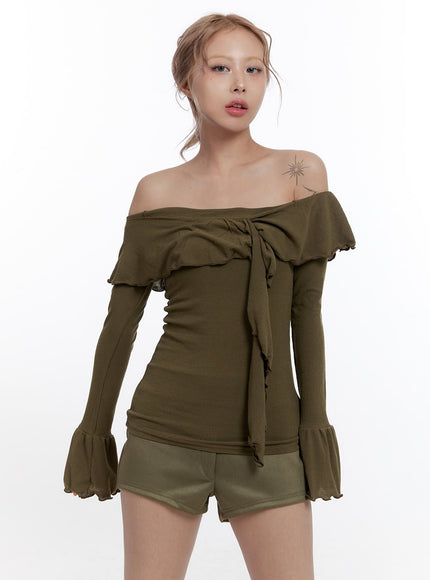 solid-off-shoulder-long-sleeve-top-cn422 / Dark green