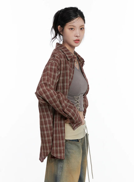 oversized-plaid-button-up-shirt-cs512 / Dark red