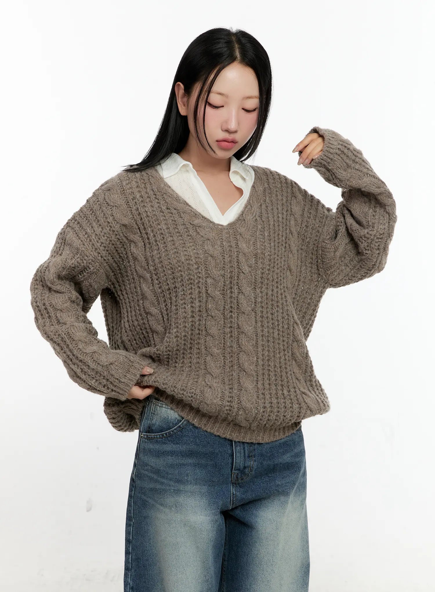Cozy Cable Knit Oversized V-Neck Sweater CN505
