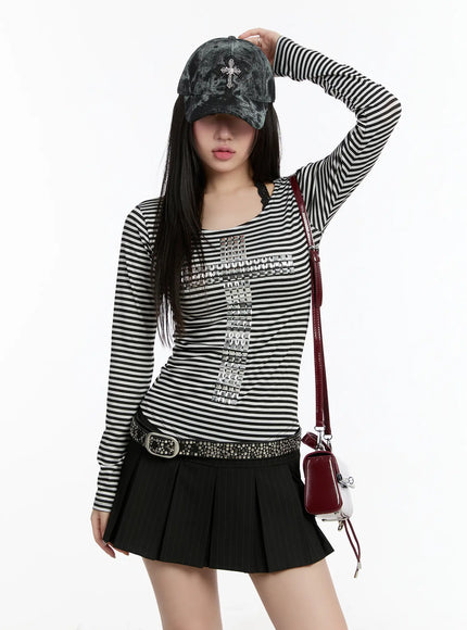 Striped Studded Long Sleeve Hoodie CM511