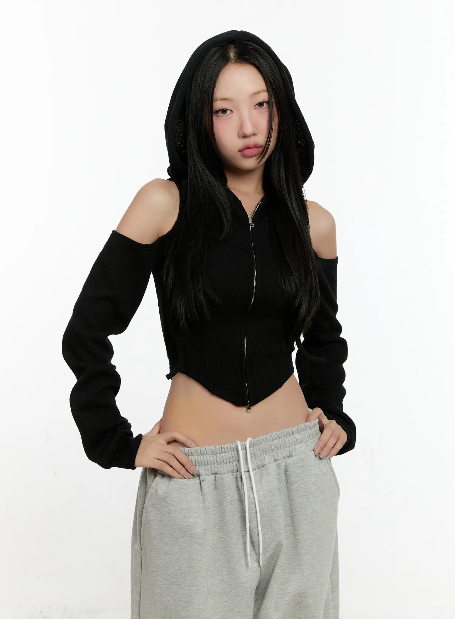 Ribbed Shoulder Cut-Out Hoodie CN506