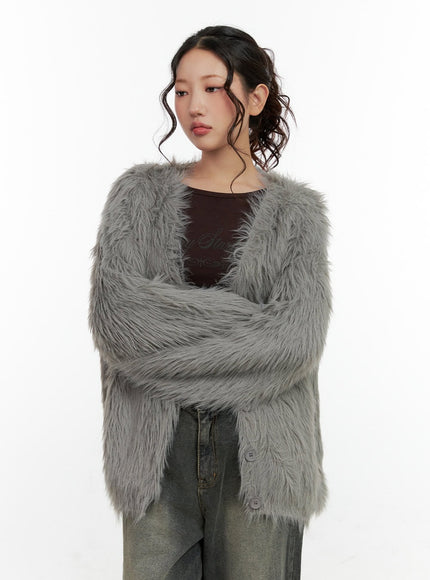 oversized-plush-fur-button-cardigan-cn404 / Gray