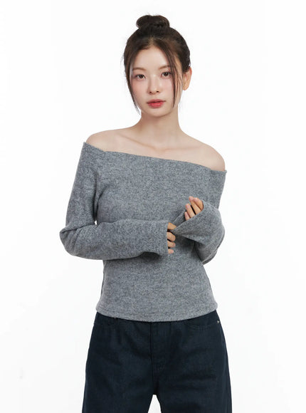 fleece-off-shoulder-long-sleeve-top-cn519 / Gray