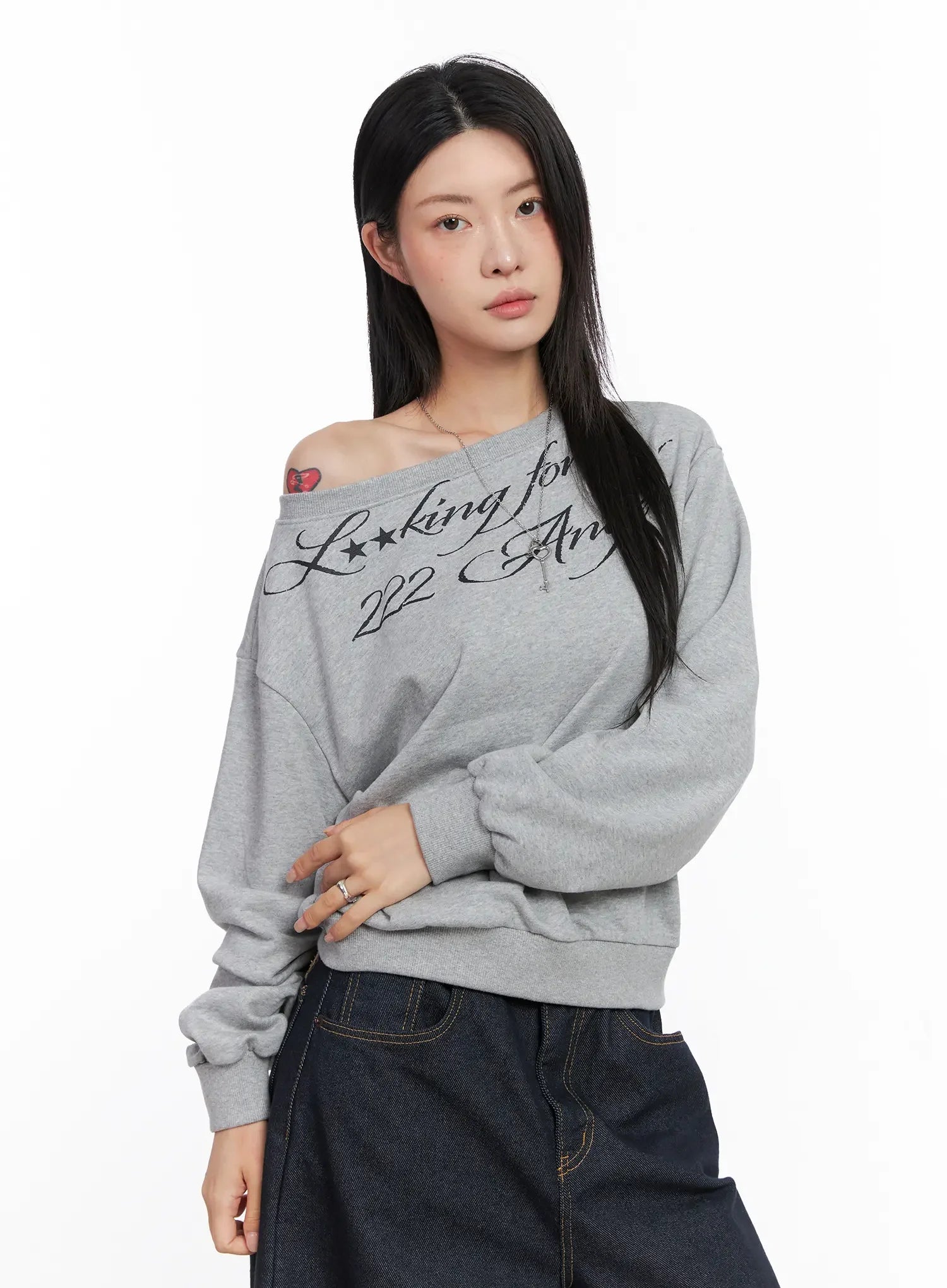 text-print-off-shoulder-sweatshirt-co508 / Gray