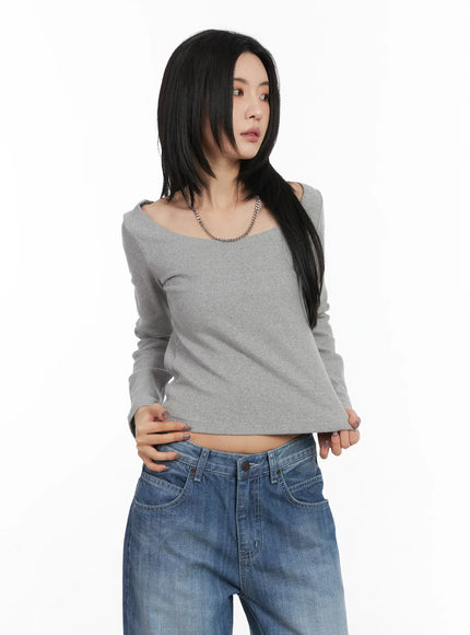 deep-u-neck-fleece-long-sleeve-tee-cd505 / Gray