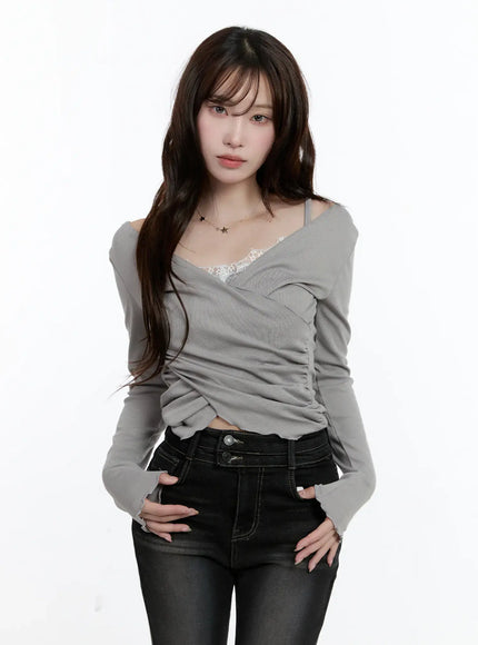 lace-layered-long-sleeve-top-cn525 / Gray