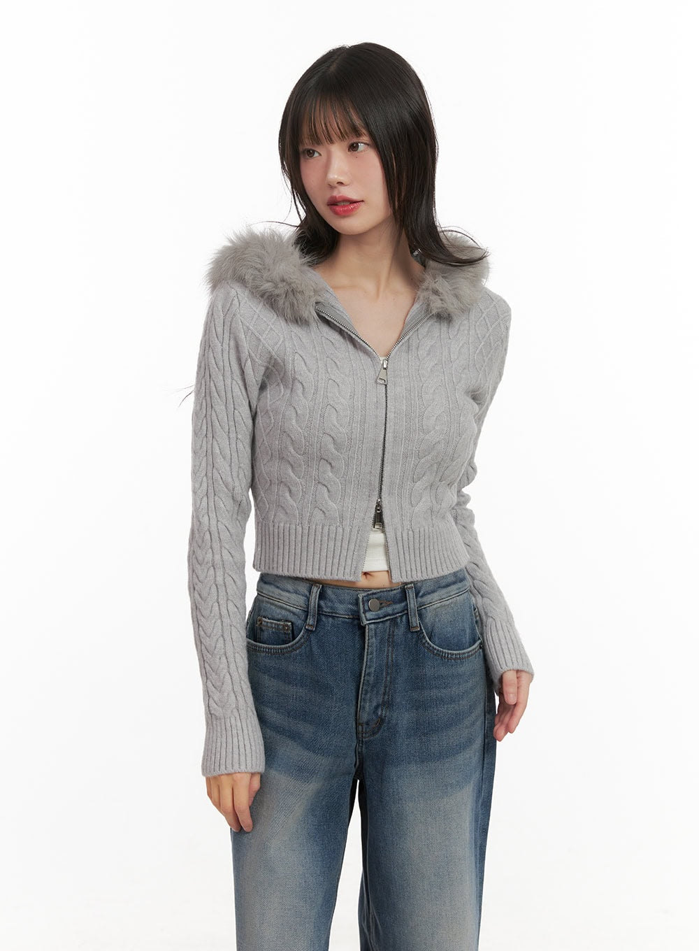 Fur-Hooded Zip-up Knit Crop Cardigan CJ502