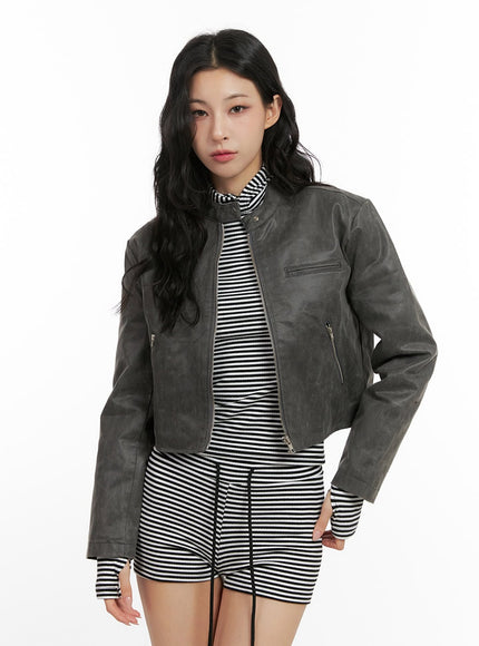 solid-crop-faux-leather-jacket-cn416 / Gray