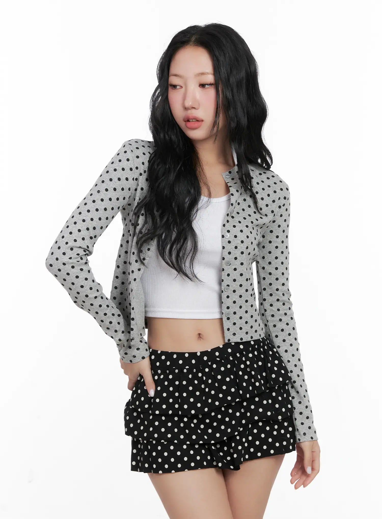 polka-dot-crop-cardigan-cn514 / Gray