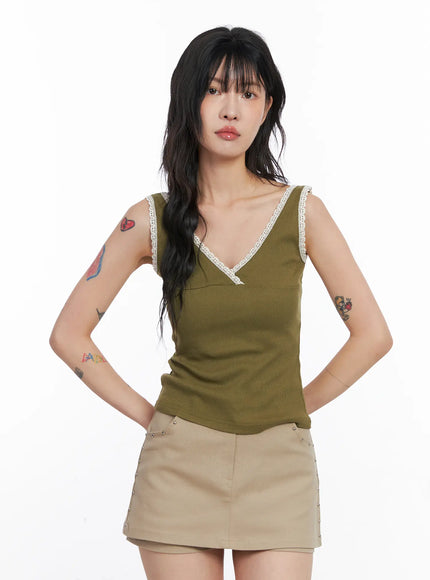 lace-v-neck-ribbed-tank-top-co507 / Green