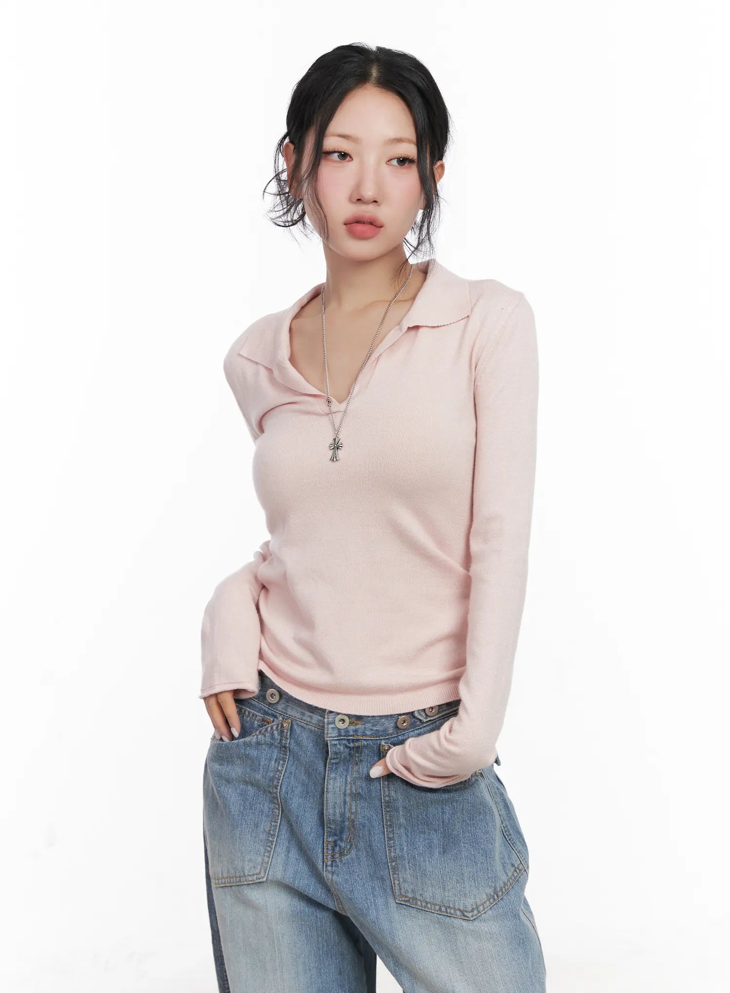 V-Neck Collar Long Sleeve Top CN514
